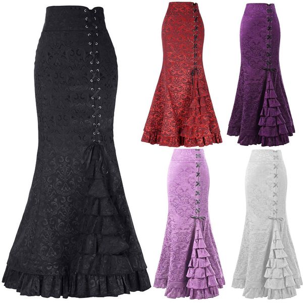 

women punk style retro skirt vintage long ruffle slim fit fishtail skirt, Black