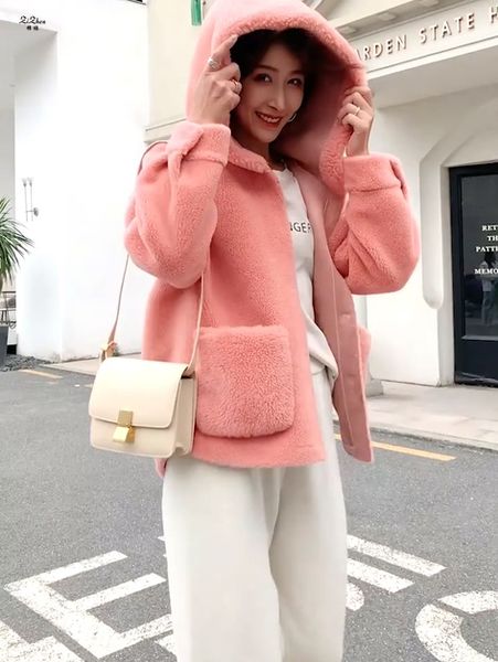 

zizhen jacket woolen with hood shorts solid outerwear spring autumn new woman fur coat kqn59325, Black;brown