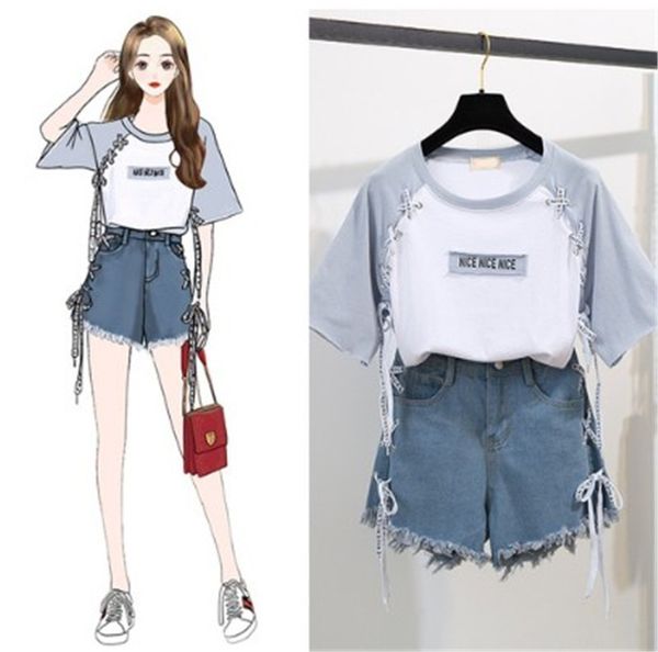 

2019 summer girl leisure tether print t-shirt + letter hole denim skirt two-piece women's sweet skirt suit women sets, White