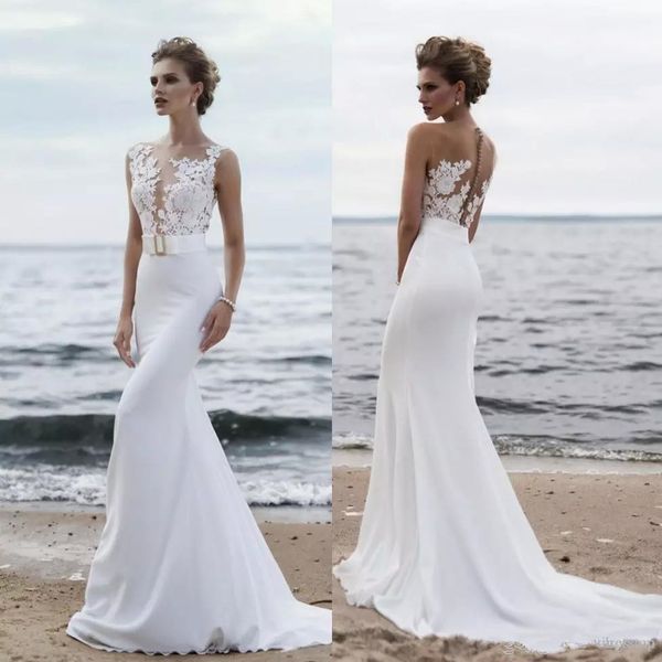 

2019 bohemian lace mermaid wedding dresses appliqued sheer bateau neck beach trumpet bridal gowns plus size chiffon vestido de novia 3899, White