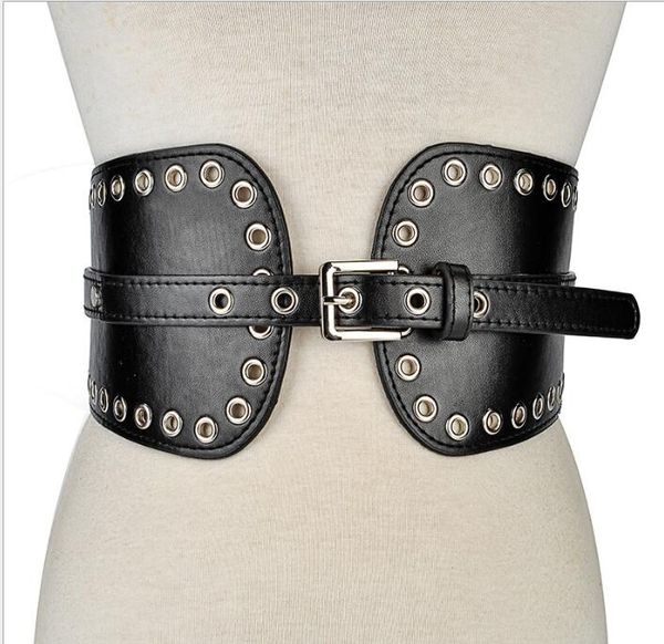 

2019 new wild europe and america rivets atmospheric elastic waist seal wide fashion ladies elastic belt black, Black;brown