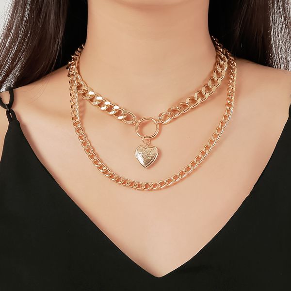 

1pc european personality metal love heart pendant necklaces for women hyperbole double layers chain necklaces jewelry n30, Silver
