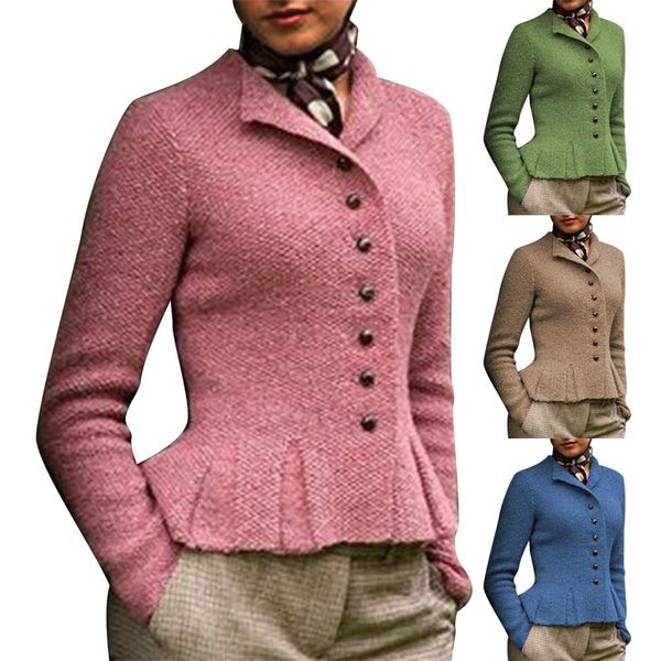 

куртка и пальто для женщин осень короткая куртка урожай женщин осень теплый сплошной цвет ruffled хем однобортный полупальто, Black;brown