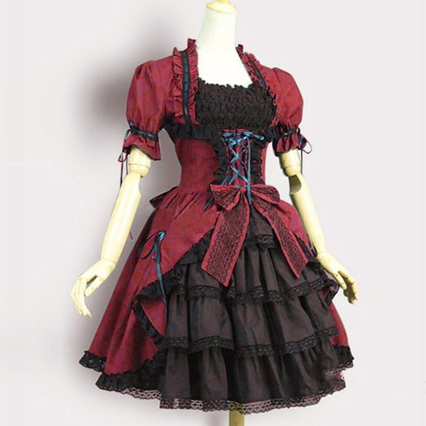 

vintage gothic court square collar patchwork bow party dress women retro a line short sleeve cascading ruffle dress vestidos, Black;gray