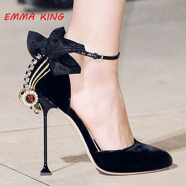 

back knotted design women thin high heels pumps crystal ankle buckle pointed toe ladies shoes solid stain female runaway shoes, Black