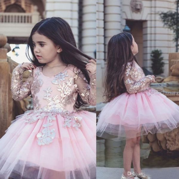 Little Baby Flower Girls Abiti Applique lucido maniche lunghe Princess Party Pageant Tutu Dress Tulle A Line Min Abiti corti