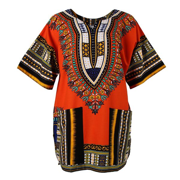 

african embroidery print dress cotton dashiki shirt thai clothing hippie tshirt for women men, Red