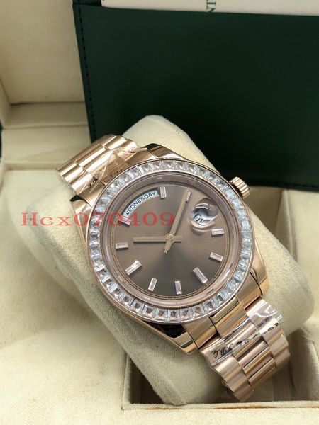 

mens watch rose gold 41mm new square diamond bezel daydate coffee dial diamond index asia movement mechanical automatic watche, Slivery;brown