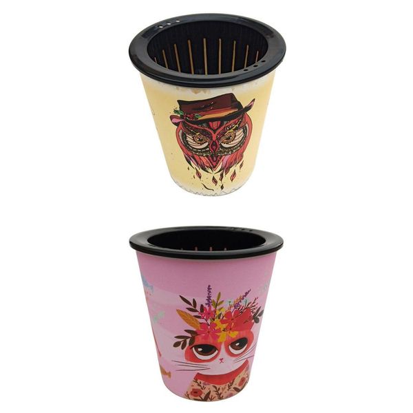 

set of 2 modern print self watering planter for various flowers, owl & cat