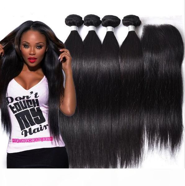 

brazilian straight human hair weaves extensions 4 bundles with closure middle 3 part double weft dyeable bleachable 100g pc, Black