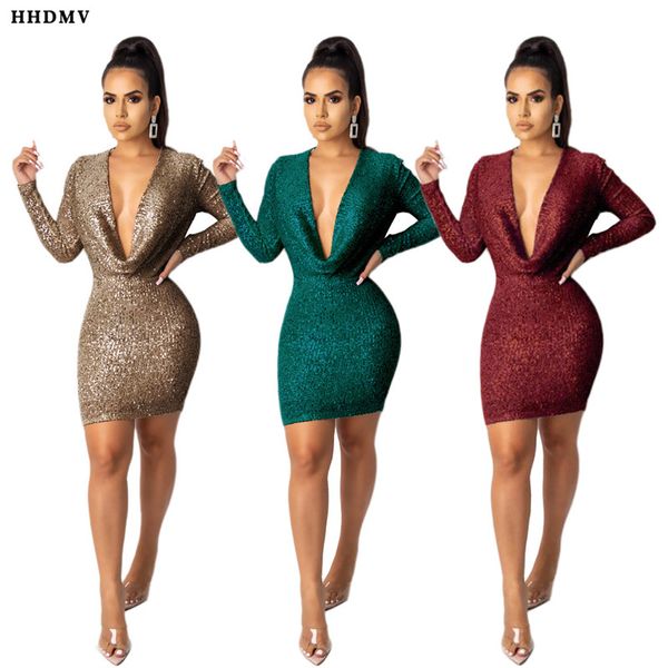 

hhdmv fashion women high street fair maiden style short dresses long sleeve deep v pure color tight mini short dresses, Black;gray