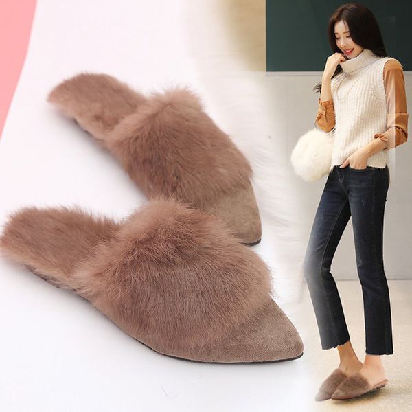 

fur slippers women flock pointed toe home furry flat heel slides woman fluffy flip flops winter warm furry shoes woman slip on, Black