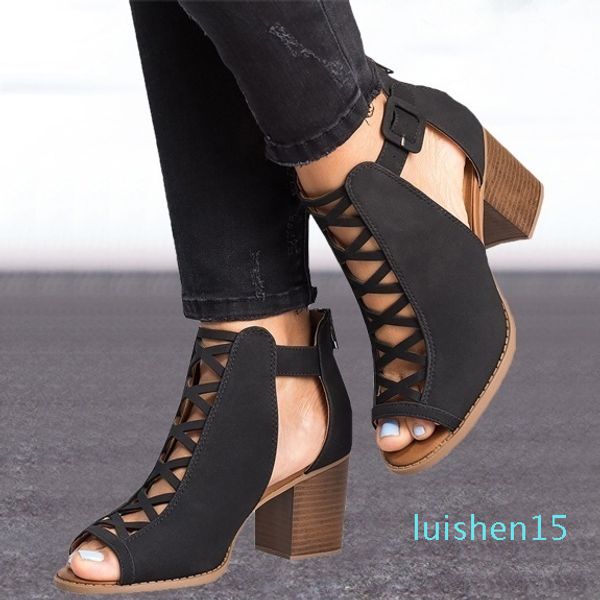 

women's fashion 2020 new arrival summer fashion solid color hollow out open toe width high heel sandals casual dress shoes l15, Black