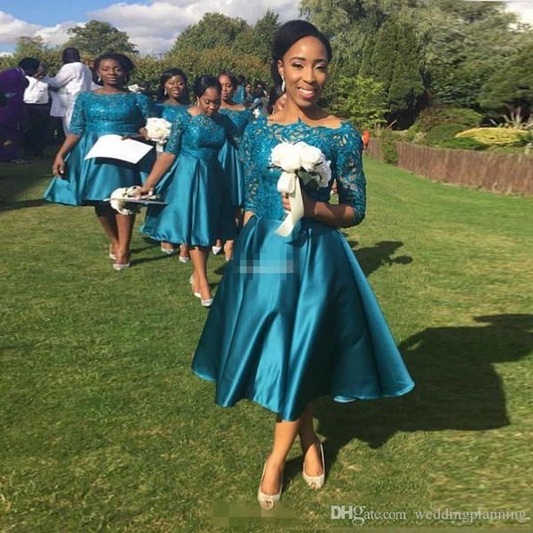 

teal tea length bridesmaid dresses with half sleeve vintage lace a-line 2019 sheer bateau wedding guest dress mother party gowns formal wear, White;pink