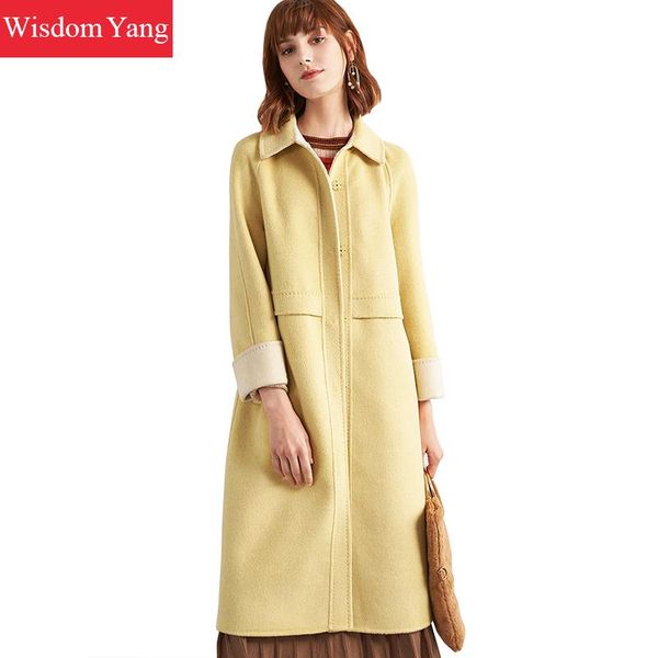 

winter long yellow coats womens sheep wool fleece fur woolen clothes oversized outerwear yellow overcoat woollen korean coats, Black