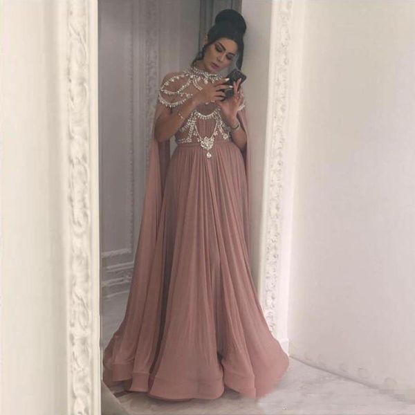 

Elegant Dusty Pink Middle East Evening Dresses Long Sleeves Arabic Women Formal Dress Vestido High Neck Beading Plus Size Prom Party Gowns