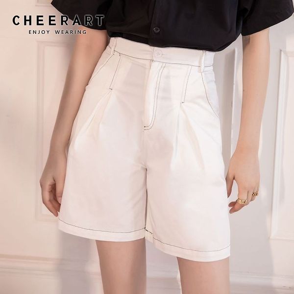 

women's shorts cheerart summer women white black high waist casual wide leg contrast stitch korean 2021