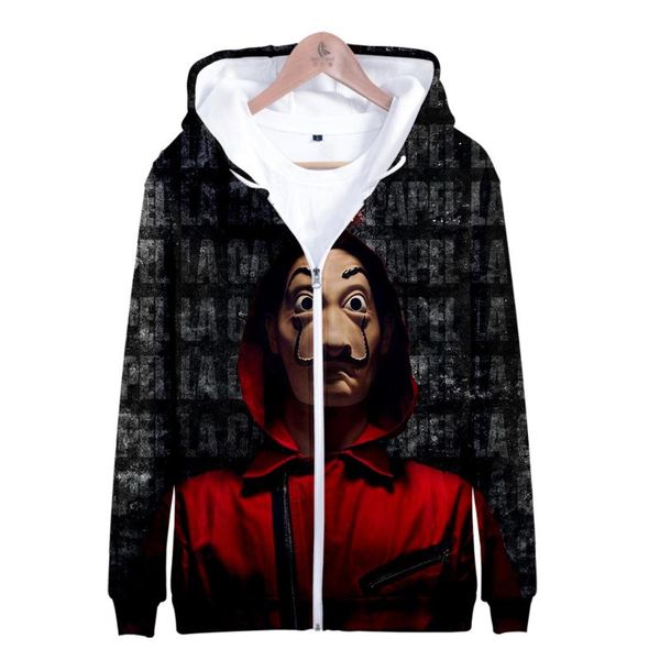 

la casa de papel молния толстовки кофты мужчины 3d печать уличная мужская одежда деньги ограбление дом бумаги новая мода, Black