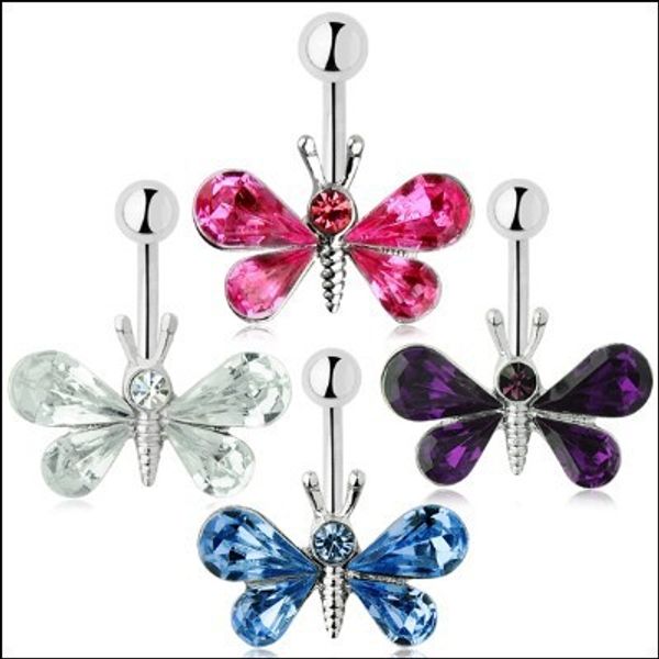 Wasit Belly Dance Crystal Body Jewelry Acciaio inossidabile Farfalla Insetto Strass Navel Bell Button Piercing Anelli pendenti per donna