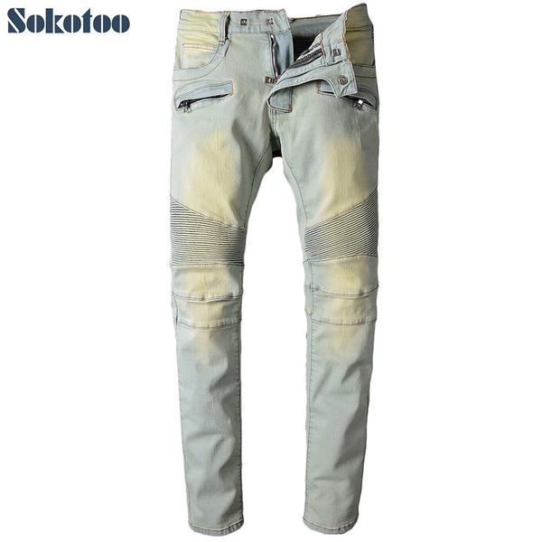 

wholesale- sokotoo men's light color pleated biker jeans for moto casual slim straight stretch denim pants long trousers, Blue