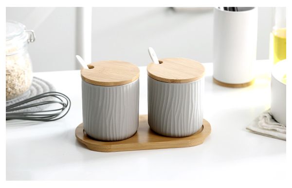 

ceramic sugar bowl home kitchen salt condiment pot jars with spoons