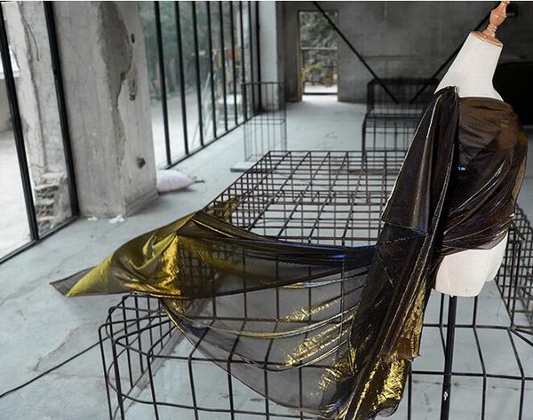 

gold science fiction dress laser illusion hollow polyester fabric mesh texture color perspective wedding tweed patch mannequin fabric a009, Black;white