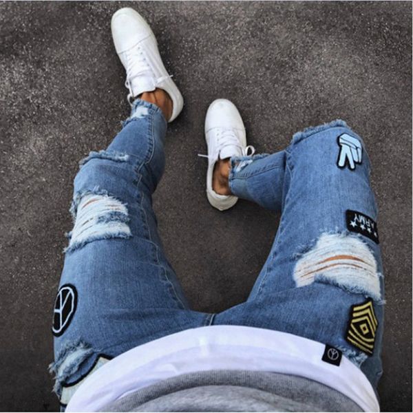 

Men denim ripped hole Jeans Slim Biker Jeans Fashion Hip hop Skinny striped pencil For Men stretch embroidery homme