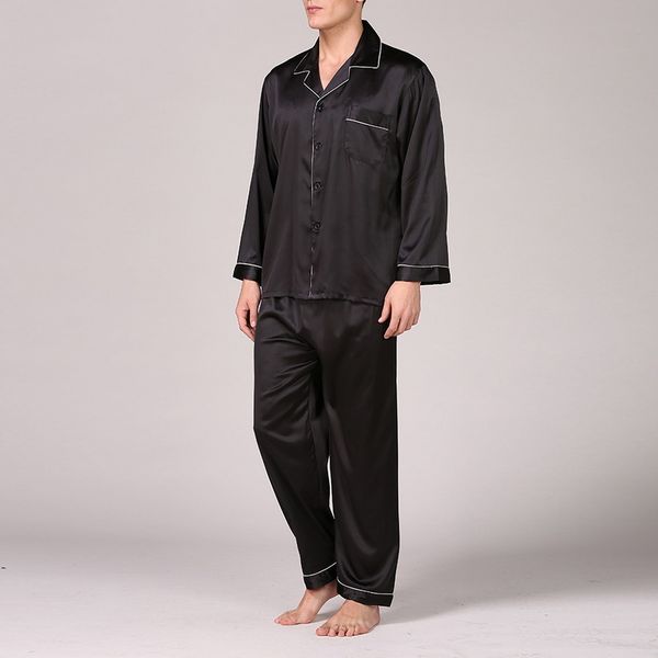 

oeak mens fashion spring and summer classic satin pajama set 2 pieces new solid color long sleeve shirts+pants casual sleepwear, Black;brown