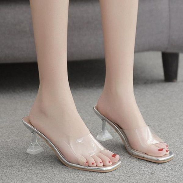 

new summer slippers women shoes woman mules transparent fashion open toe flock high heels slides ladies shoes, Black
