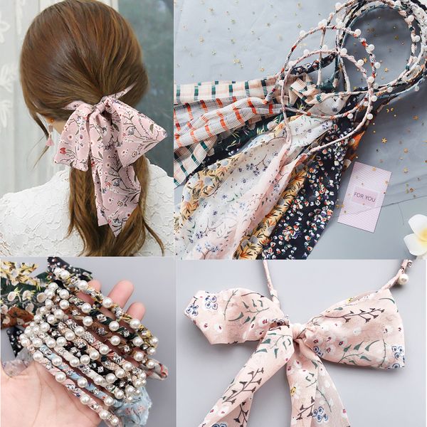 Woman Printed Satin Hairband Ribbon Bow Pearl Hairband Girls Hair