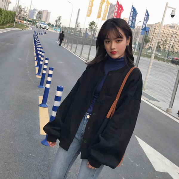 

women autumn cardigans harajuku loose long sleeves round neck female coat sweater fdc99, Black;brown