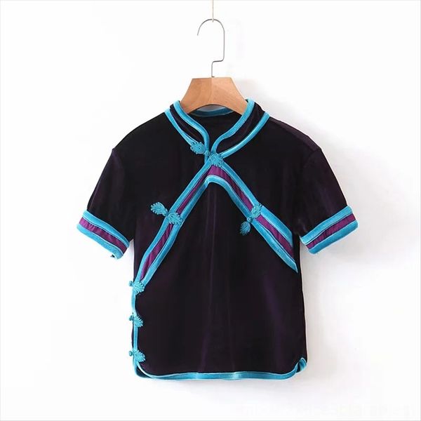 

2020 chinese style stand collar t-shirt cheongsam plate buckle velvet short sleeve female cheongsam modified high waist t-shirt, White