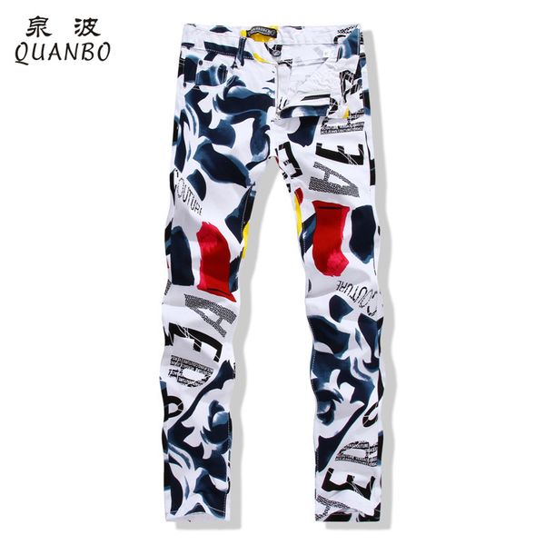

quanbo big size 28-44 2016 new white jeans men fashion printed slim straight jeans hombre casual debris pattern stretch, Blue