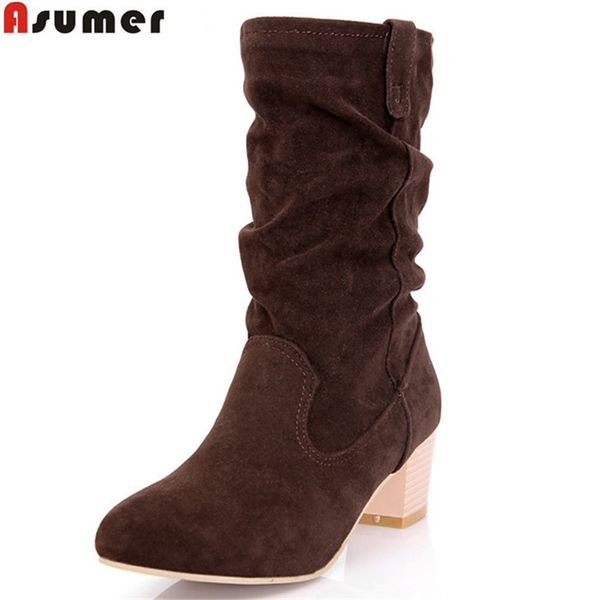 

asumer 2020 autumn winter new arrive women boots fashion flock solid color mid calf boots simple comfortable lady, Black