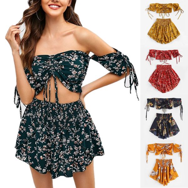 

summer boho floral print bikini set slash neck cropped elastic shorts beach style women swimwear bathing suit two pieces set