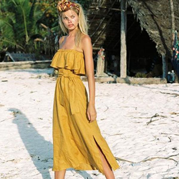 

solid backless split midi dress women summer 2020 sleeveless strap vintage vestidos beach casual wear boho slip dress, Black;gray
