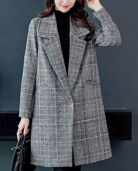 

korean wool blend coat women long sleeve turn-down collar outwear jacket casual autumn winter women plaid elegant overcoat y190926, Black