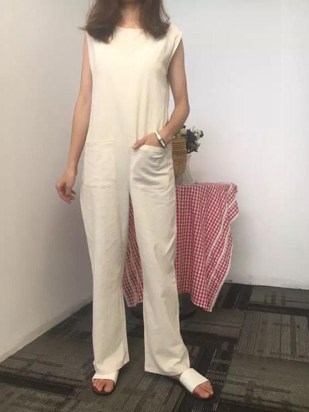

japan korea summer jumpsuit women loose straight plain simple beige women rompers 2020 sleeveless pocket fashion minimalism, Black;white