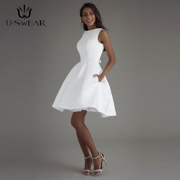 U-Janela 2019 Sexy Branco Vestidos De Noite Curtos O-Neck Sem Mangas Sem Encostos Partido Simples Prom Vesticios Formal Vestidos Robe