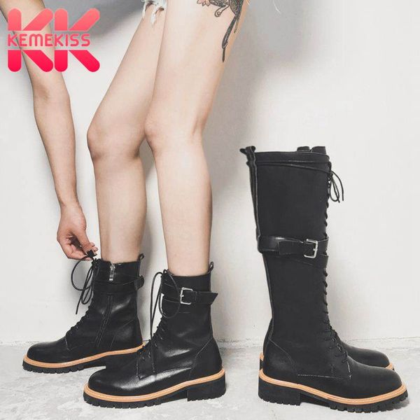 

kemekiss women knee high boots genuine leather brand designer shoes women fall winter cross strap knight flats boots size 34-39, Black