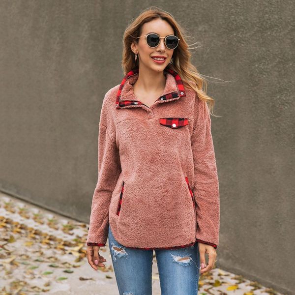 

regular women pullovers plaid print matching lapel long sleeve pocket button casual warm winter autumn loose sweatshirt new, Black