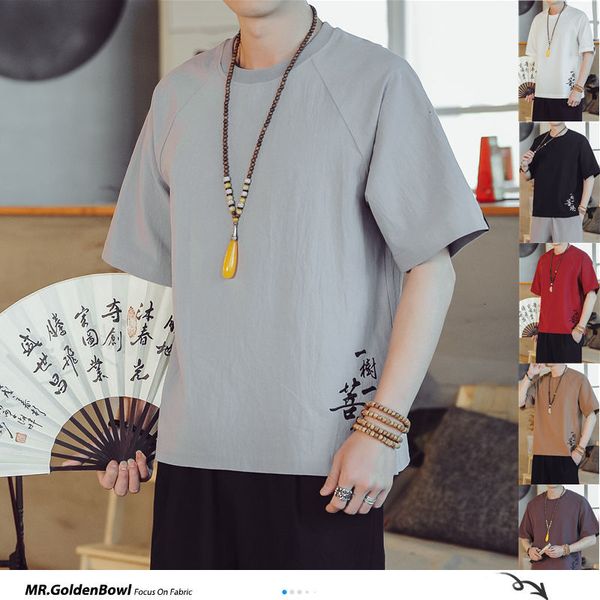 

men's t-shirts mrgoldenbowl short-sleeved colorful o-neck t-shirt fashion brand chinese style t shirts man cotton linen loose male tees, White;black