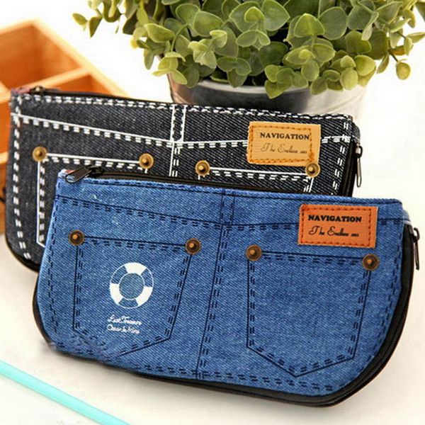 

denim shorts big capacity pencil case canvas home storage cosmetic bags school pen bag -opk