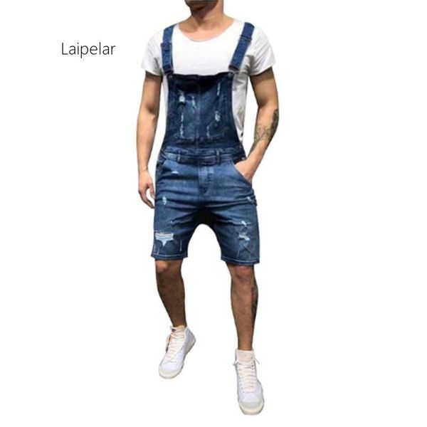 

oversize fashion men's ripped jeans jumpsuits shorts summer hi street distressed denim bib overalls for man suspender pants, Blue