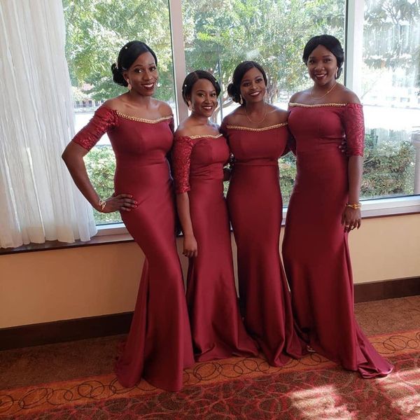 

burgundy satin mermaid bridesmaid dress with short lace sleeves 2020 zipper back party dresses beaded prom gown, White;pink