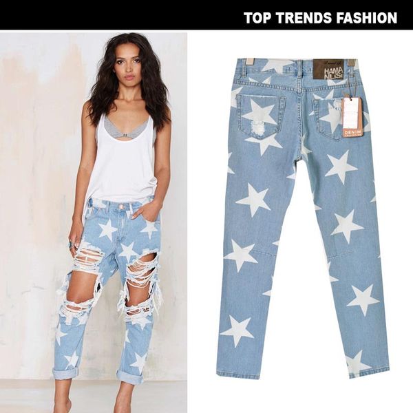 

рваные джинсы для женщин стирка отбеливание женские звезды прямые повседневные модные брюки джинсовые свободные джинсы тощая женщина, Blue