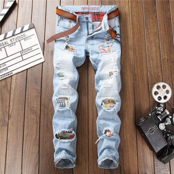 

2019 autumn winter men's patchwork ripped embroidered stretch jeans trendy holes straight denim trouers, Blue