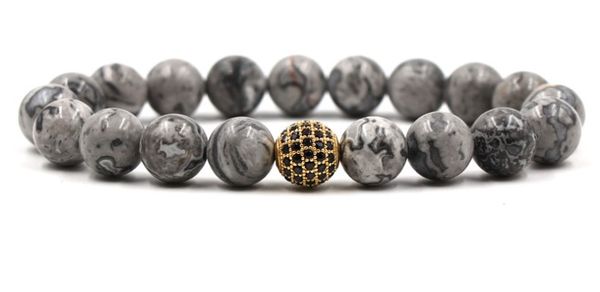 

10mm dgjh4 elastic adjusted nature picture stone bead micro pave cz zircon cubic zirconia ball bracelet, Black