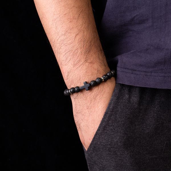 

men natural wood beads cross bracelets onyx meditation prayer bead bracelet women wooden yoga jewelry homme, Black