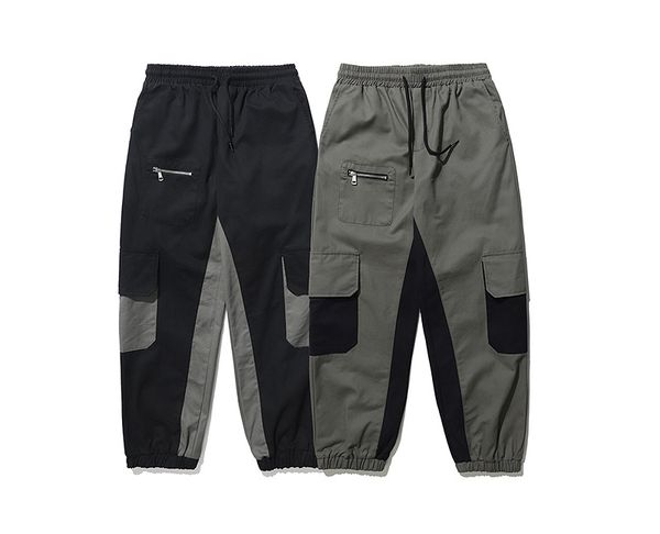 

european and american high street sporty casual pants pocket stitching function and more elastic casual trousers elastic casual trousers, Black